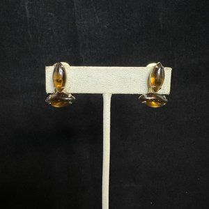 Vintage Weiss Gold Tone Amber Marquis Shaped Cabochon Clip On Earrings (2844)